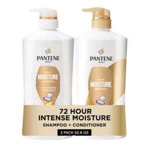 Pantene Shampoo & Conditioner Set, Daily Moisture Renewal – Pro-V Nutrients for Dry, Color-Treated, Straight to Curly Hair, 72-Hour Hydration & Softness, 52.8 Oz Total + Miracle Rescue Shot (0.5 Oz)