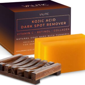 VALITIC Kojic Acid Dark Spot Remover Soap Bar with Vitamin C,Retinol,Collagen,Turmeric – Original Japanese Complex Hyaluronic Acid,E,Shea Butter,Castile Oil (2 Pack) With Holder,Pack of 3,3.5 ounces
