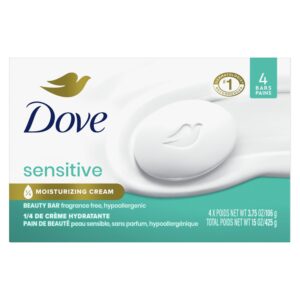 Dove Beauty Bar Soap Sensitive, 4 Bars for Sensitive Skin, Fragrance Free and Hypoallergenic 3.75 oz