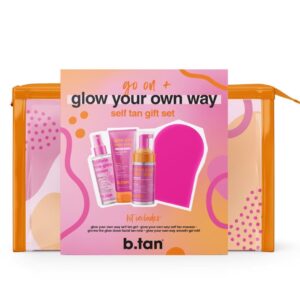 b.tan Clear Self Tanning Gel Travel Size Kit | Glow Your Own Way Gift Set – Includes Mini Dark Fake Tanner Mousse, Gradual Bronzing Face Mist, Express Transfer Free Tan Gel, & Applicator Mitt