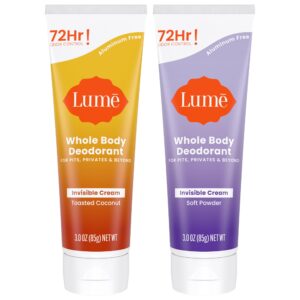 Lume Whole Body Deodorant – Invisible Cream Tube – 72 Hour Odor Control – Doctor Developed – Aluminum Free, Baking Soda Free and Skin Loving – 3.0 Ounce, Pack of 2 (Soft Powder & Toasted Coconut)