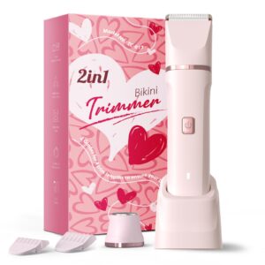 Bikini Trimmer for Women – Painless Electric Razors for Silk Skin,Cordless Body Shaver for Trip,Replaceable Lady Facial Razor, IPX7 Waterproof&Easy Cleaning, Ceramic Blade, USB Charge Dock Pink