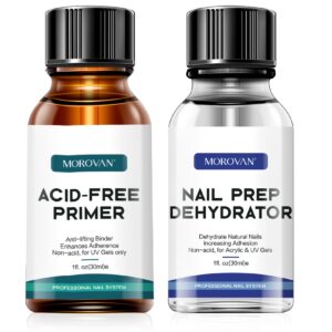 Morovan Nail Primer And Natural Nail Prep Dehydrate Set, Nail Dehydrator and Primer, Fast Air Dry For Gel Polish & Acrylic Powder, Gel Nail Primer and Dehydrator 30ml / 1oz