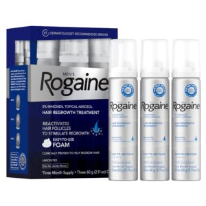 Men’s Rogaine 5% Minoxidil Foam for Hair Regrowth, Topical Hair Loss Treatment for Men to Regrow Fuller, Thicker Hair, Unscented Minoxidil Topical Aerosol, 3-Month Supply, 3 x 2.11 oz
