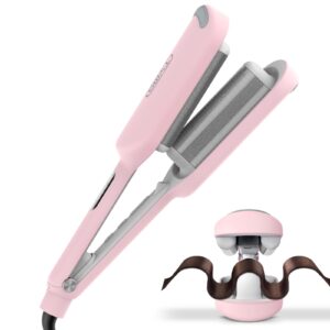 Curling Iron Hair Crimper Waver – TYMO ROVY Beach Waves Curling Wand, Ionic Deep Waver Hair Curler Tool with Ceramic 3 Barrel for Women, Dual Voltage, Anti-Scald, Easy to Use, Pink, 1.25 Inch
