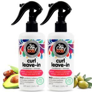 SoCozy Leave In Conditioner Spray (8 Fl Oz, Pack of 2) Detangler for Kids’ Curly Hair, Tangle-Free Curls, Gentle & Nourishing with Keratin, Vitamin B5, Olive & Jojoba Oil, Paraben-Free