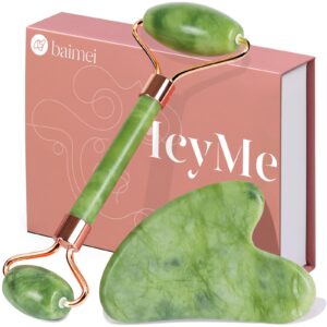 BAIMEI IcyMe Gua Sha & Jade Roller Facial Tools Face Roller and Gua Sha Set for Puffiness and Redness Reducing Skin Care Routine, Self Care Gift for Men Women – Green