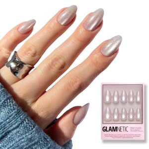 Glamnetic Press On Nails – Selenite | Soft White Sparkle Short Almond Fake Nails with a Glossy Finish, Reusable | 15 Sizes – 30 Nail Kit with Glue