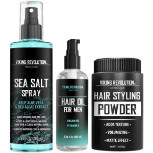 Viking Revolution Sea Salt Spray for Hair Men (8fl oz), Hydrating Hair Oil for Men with Vitamin E (3.38fl oz) and Hair Styling Powder for Men (1oz) – Men Hair Styling Texturizing Kit