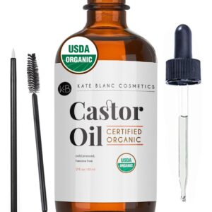 Kate Blanc Cosmetics Castor Oil Organic (2oz), 100% Pure, Cold Pressed, Hexane Free. Natural Oil for Hair, Eyelashes, Eyebrows. Skin Moisturizer with Starter Kit