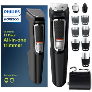 Norelco Philips Multi Groomer All-in-One Trimmer Series 3000-13 Piece Mens Grooming Kit for Beard, Face, Nose, Ear Hair Trimmer and Hair Clipper – NO Blade Oil Needed, MG3740/40