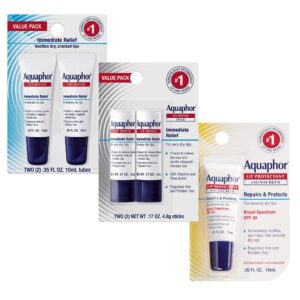 Aquaphor Lip Repair Lip Balm Set for Chapped Lips, Lip Repair Balm, 0.35 Oz Tube (Pack of 2) + Lip Repair Stick, 0.17 Oz (Pack of 2) + Lip Protectant Plus Sunscreen Lip Balm SPF 30, 0.35 Oz Tube