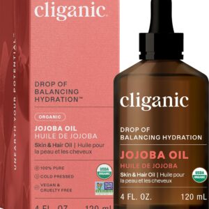 Cliganic Organic Jojoba Oil, 100% Pure (4oz) | Moisturizing for Face, Hair, Skin & Nails | Natural Cold Pressed Hexane Free | Base Carrier Oil (Packaging May Vary)