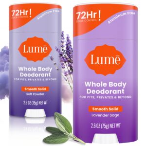 Lume Whole Body Deodorant – Smooth Solid Stick – 72 Hour Odor Control – Doctor Developed – Aluminum Free, Baking Soda Free and Skin Loving – 2.6 Ounce, Pack of 2 (Soft Powder & Lavender Sage)
