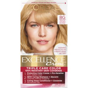 L’Oreal Paris Excellence Creme Permanent Triple Care Hair Color, 8G Medium Golden Blonde, Gray Coverage For Up to 8 Weeks, All Hair Types, Pack of 1