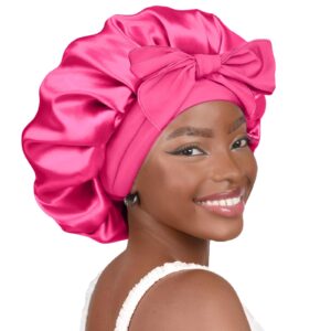 YANIBEST Silk Bonnet for Sleeping Women Satin Bonnet Double Layer Satin Lined Hair Bonnet with Tie Band Curly Hair Hot Pink