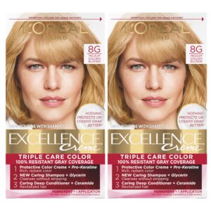 L’Oréal Paris Excellence Creme Permanent Hair Color, 8G Medium Golden Blonde, 100 percent Gray Coverage Hair Dye, Pack of 2
