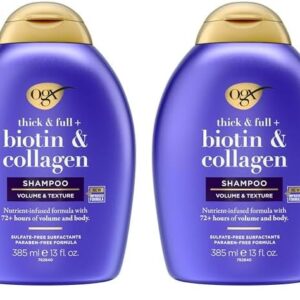 OGX Thick & Full + Biotin & Collagen Volumizing Shampoo for Thin Hair, Thickening Shampoo with Vitamin B7 & Hydrolyzed Wheat Protein, Paraben-Free, Sulfate-Free Surfactants, 13 fl oz (Pack of 2)