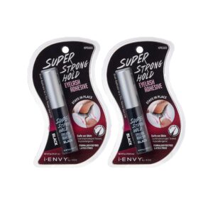 i•ENVY Super Strong Hold Eyelash Adhesive, Waterproof, 48-Hour Long-Lasting Lash Glue, Latex-Free, Hypoallergenic, Quick-Drying with Brush-On Applicator for Strip Lashes (Black, 2 Pack)