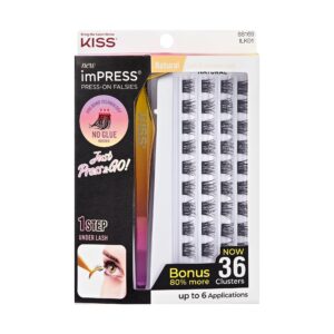 KISS imPRESS Falsies Self Adhesive Eyelashes, Press On Lashes, 12mm-14mm Natural Volume Lashes, Black, No Glue Needed, Invisible Band, 36 Lash Clusters & Non-Stick Applicator – Natural