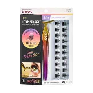 KISS imPRESS Falsies Press On Self Adhesive Eyelashes, 12mm-14mm Glam Volume Press On Lashes, Black, No Glue Needed, Invisible Band, 20 Lash Clusters & Non-Stick Applicator – Spiky