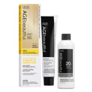 AGE beautiful Permanent Hair Color Dye Liqui Creme & Developer 20 Volume | 100% Gray Coverage | Anti-Aging | Biotin for Thicker, Fuller, Healthier Hair | HLG High Lift Golden Blonde