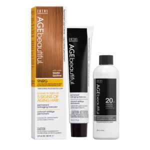 AGE beautiful Permanent Hair Color Dye Liqui Creme & Developer 20 Volume | 100% Gray Coverage | Anti-Aging | Biotin for Thicker, Fuller, Healthier Hair | 9NRG Light Neutral Red Golden Blonde