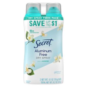 Secret Dry Spray Aluminum Free Deodorant for Women, 48hr Weightless Odor Protection, Gentle on Skin, Midnight Jasmine Scent, 4.1 oz (Pack of 2)