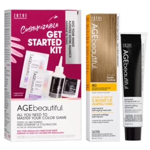 AGE beautiful Permanent Hair Color Dye Liqui Creme & Developer Starter Kit | 100% Gray Coverage | Anti-Aging | Biotin for Thicker, Fuller, Healthier Hair | 8G Medium Gold Blonde