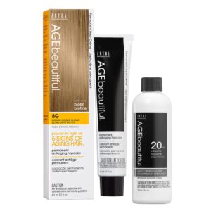 AGE beautiful Permanent Hair Color Dye Liqui Creme & Developer 20 Volume | 100% Gray Coverage | Anti-Aging | Biotin for Thicker, Fuller, Healthier Hair | 8G Medium Gold Blonde