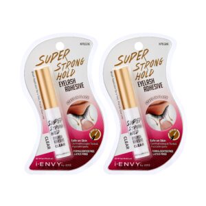 i•ENVY Super Strong Hold Eyelash Adhesive, Waterproof, 48-Hour Long-Lasting Lash Glue, Latex-Free, Hypoallergenic, Quick-Drying with Brush-On Applicator for Strip Lashes (Clear, 2 Pack)