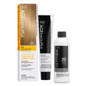 AGE beautiful Permanent Hair Color Dye Liqui Creme & Developer 20 Volume | 100% Gray Coverage | Anti-Aging | Biotin for Thicker, Fuller, Healthier Hair | 9G Light Golden Blonde