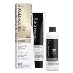AGE beautiful Permanent Hair Color Dye Liqui Creme & Developer 20 Volume | 100% Gray Coverage | Anti-Aging | Biotin for Thicker, Fuller, Healthier Hair | Topcoat Toner Pearl Blonde