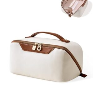 EACHY Travel Makeup Bag,Large Capacity Cosmetic Bags for Women,Waterproof Portable Pouch Open Flat Toiletry Bag Patchwork Makeup Bag (DK-Beige)