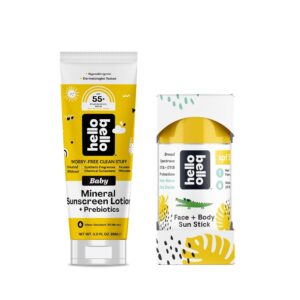 Bundle of Hello Bello Mineral Sunscreen Lotion (SPF 55+) with Prebiotics, 3 fl oz + Face & Body Sunscreen Stick (SPF 50), 1oz – Water Resistant & Reef Friendly Sun Protection for Babies and Kids