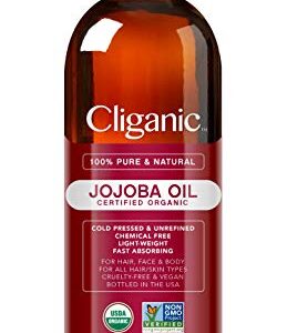 Cliganic Organic Jojoba Oil 32 oz, 100% Pure | Bulk, Natural Cold Pressed Unrefined Hexane Free Oil for Hair & Face