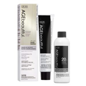 AGE beautiful Permanent Hair Color Dye Liqui Creme & Developer 20 Volume | 100% Gray Coverage | Anti-Aging | Biotin for Thicker, Fuller, Healthier Hair | Topcoat Toner Silver Ash Blonde