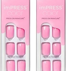 KISS imPRESS Color Press-On Manicure Fake Nails, Self Care – Short & Square, Solid Pink, Ready To Wear, Chip Proof, Smudge Proof, No Dry Time, Mini File & More | 30 Count (Pack of 2)