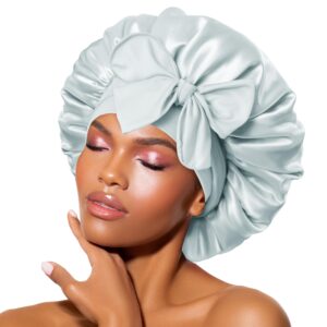 BONNET QUEEN Silk Bonnet for Sleeping Women Satin Bonnet Hair Bonnet Night Sleep Cap Scarf wrap for Curly Hair with tie Band Silver Grey