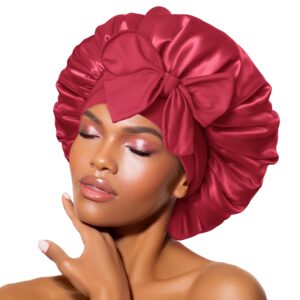 BONNET QUEEN Satin Bonnet Silk Bonnet for Sleeping Women Hair Bonnet Night Sleep Cap Scarf Wrap for Curly Hair with Tie Band Red Burgundy