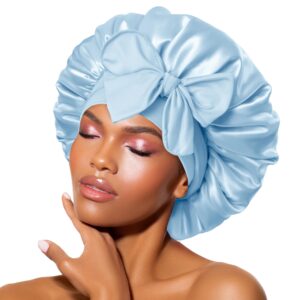 BONNET QUEEN Silk Satin Bonnet for Sleeping Women Adjustable for Curly Dryer Braid Wig Hair Tie Band Night Sleep Hat Cap Loc Soft Elastic M Azul