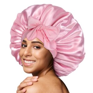 BONNET QUEEN Satin Bonnet Cool Breathable Single Layer Silk Bonnet for Sleeping Women Hair Bonnet Night Sleep Cap Scarf Wrap for Curly Hair with Tie Band Pink