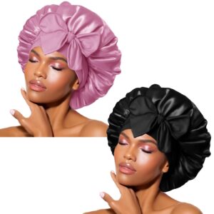 BONNET QUEEN 2Pcs Pack Satin Bonnet Cool Breathable Single Layer Silk Bonnet for Sleeping Women Hair Bonnet Night Sleep Cap Scarf Wrap for Curly Hair with Tie Band Black Rose Gold