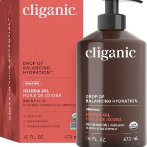Cliganic Organic Jojoba Oil 16 oz, 100% Pure | Bulk, Natural Cold Pressed Unrefined Hexane Free for Hair & Face | Base Carrier Oil