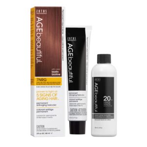 AGE beautiful Permanent Hair Color Dye Liqui Creme & Developer 20 Volume | 100% Gray Coverage | Anti-Aging | Biotin for Thicker, Fuller, Healthier Hair | 7NRG Dark Neutral Red Golden Blonde