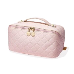 EACHY Travel Makeup Bag, Large Capacity Cosmetic Bags for Women, Waterproof Portable Open Flat Toiletry Bag Make up Bag with Divider and Handle, Gifts for Women (F-Pink, Medium)