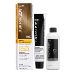 AGE beautiful Permanent Hair Color Dye Liqui Creme & Developer 20 Volume | 100% Gray Coverage | Anti-Aging | Biotin for Thicker, Fuller, Healthier Hair | 8NNG Medium Intense Golden Blonde