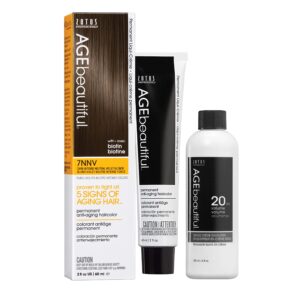 AGE beautiful Permanent Hair Color Dye Liqui Creme & Developer 20 Volume | 100% Gray Coverage | Anti-Aging | Biotin for Thicker, Fuller, Healthier Hair | 7NNV Dark Intense Neutral Violet Blonde