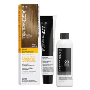 AGE beautiful Permanent Hair Color Dye Liqui Creme & Developer 20 Volume | 100% Gray Coverage | Anti-Aging | Biotin for Thicker, Fuller, Healthier Hair | 8NN Medium Intense Blonde