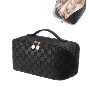 EACHY Travel Makeup Bag, Large Capacity Cosmetic Bags for Women, Waterproof Portable Open Flat Toiletry Bag Make up Bag with Divider and Handle, Gifts for Women (LD-Black, Large)